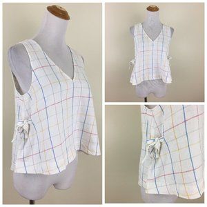 NWT MADEWELL Ivory MultiColor Check Tie Sides VNeck Linen Blend Top